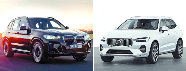 BMW 모델 최초로 중국에서 생산하는 전기 스포츠유틸리티차량(SUV) ‘iX3’(왼쪽)와 대기물량 해소를 위해 다음 달부터 중국산으로 대체되는 볼보 중형 SUV ‘XC60’. BMW·볼보 제공