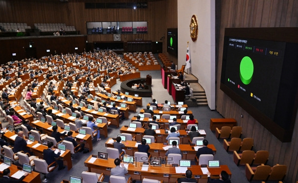 24일 오후 국회에서 열린 본회의에서 도시하천유역 침수피해방지대책법안이 가결되고 있다. 2023.8.24 안주영 전문기자