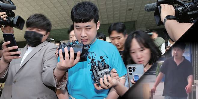 서울 관악구 신림역 인근에서 행인들에게 흉기를 휘둘러 1명을 숨지게 하고 3명에게 중상을 입힌 혐의로 재판을 받고 있는 조선. 작은 사진은 범행 당시 장면 ⓒ시사저널 임준선