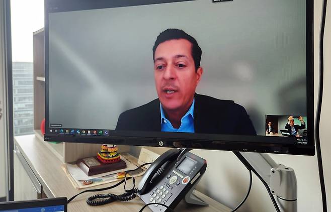 연합뉴스와 화상 인터뷰하는 물리넬리 부회장 [촬영 이재림 특파원]