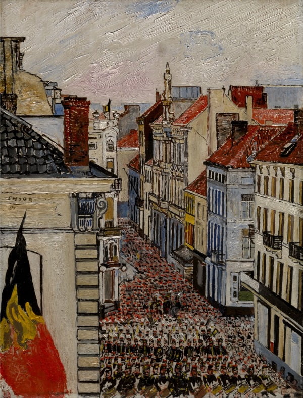 '플랑드르 거리의 군악대'(1891). 앙소르는 작업실에서 플랑드르 거리를 내려다볼 수 있었다. /앤트워프 왕립 미술관 소장