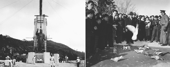 1956년 남산의 이승만 대통령 동상이 건립되고 있는 모습(왼쪽)과 1960년 2월 남산을 찾은 이승만 대통령(오른쪽 사진 가운데). [서울역사아카이브·정부기록사진집]