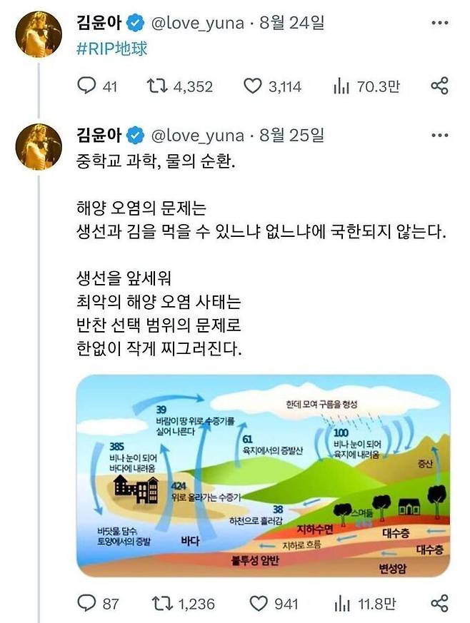 김윤아는 X(옛 트위터)를 통해서도 물이 순환하는 과정이 담긴 이미지를 올리며 "중학교 과학, 물의 순환. 해양 오염의 문제는 생선과 김을 먹을 수 있느냐 없느냐에 국한되지 않는다"면서 "생선을 앞세워 최악의 해양 오염 사태는 반찬 선택 범위의 문제로 한없이 작게 찌그러진다"고 주장했다. [사진출처=김윤아 X(옛 트위터)@love_yuna]