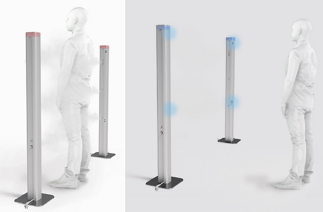 씨티엠의 방역 게이트. 사람감지 센서와 라이트 변화, 음성 안내 및 소독액 분사 기능을 갖추었다.