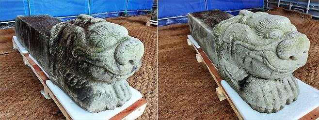 28일 낮 서울 경복궁 경내 석물 작업장에서 취재진에 공개된 서수상들. 월대 왼쪽에 있던 상(왼쪽)이 조형적 완성도가 높지만 마모가 심하고 때를 많이 탄데 비해 오른쪽에 있던 상은 새김 양상이 약간 경직된 느낌을 주지만 마모가 덜하고 표면이 깨끗한 편이다. 노형석 기자 nuge@hani.co.kr