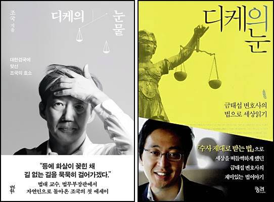 오는 30일 출간을 앞둔 조국 전 법무부 장관의 신간 ‘디케의 눈물’(다산북스·왼쪽)과 금태섭 전 의원이 2008년에 낸 책 ‘디케의 눈’(궁리) 책 표지.