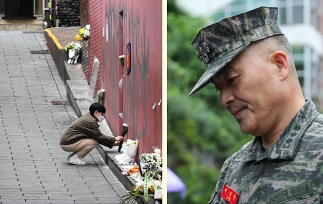 이태원 참사 현장을 찾아 국화꽃을 놓는 추모객(왼쪽 사진)과 해병대원 죽음의 책임을 사단장까지 물으려다 오히려 항명 혐의로 벼랑 끝에 내몰린 박정훈 전 해병대 수사단장. 왕태석 선임기자·뉴시스