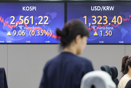 Screens in Hana Bank's trading room in central Seoul show the Kospi closing at 2,561.22 points on Wednesday, up 0.35 percent, or 9.06 points, from the previous trading session. [YONHAP]