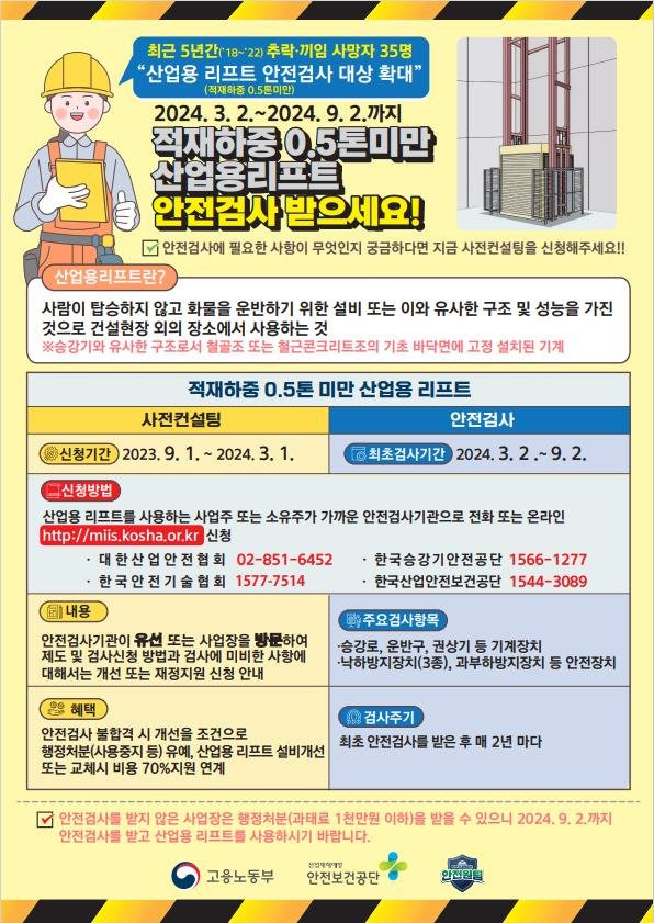 0.5t 미만 산업용리프트도 안전검사 받는다