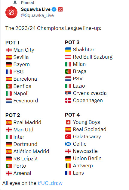 2023~24시즌 UEFA 챔피언스리그 1~4포트. 스쿼카 SNS 갈무리