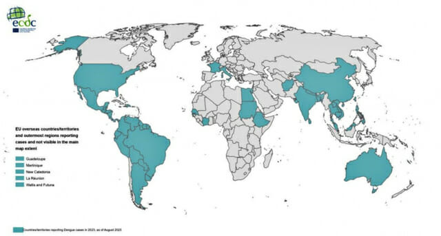 2023년 8월 현재 뎅기열 발생 국가-지역(제공=질병관리청)