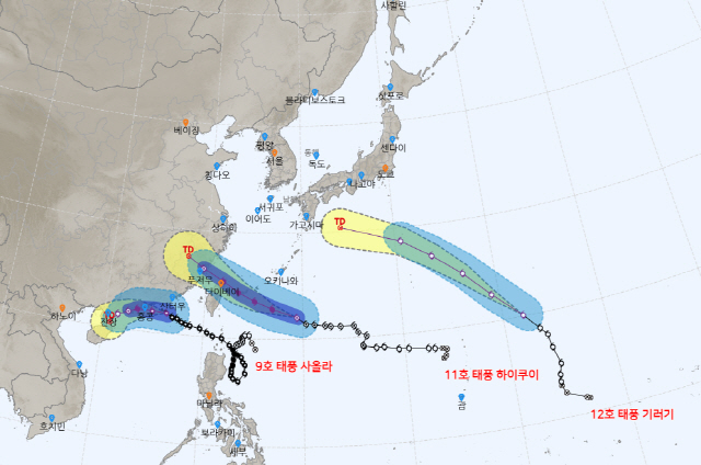 ▲ 제9호 태풍 사올라, 제11호 태풍 하이쿠이, 제12호 태풍 기러기 예상 이동경로 [기상청 날씨누리 갈무리]