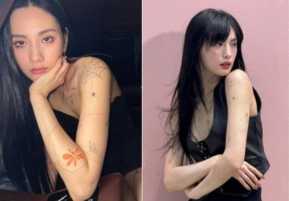 타투를 지우기 전(왼쪽), 지우는 과정에 있는 나나의 모습(오른쪽). /사진=나나 인스타그램 캡처
