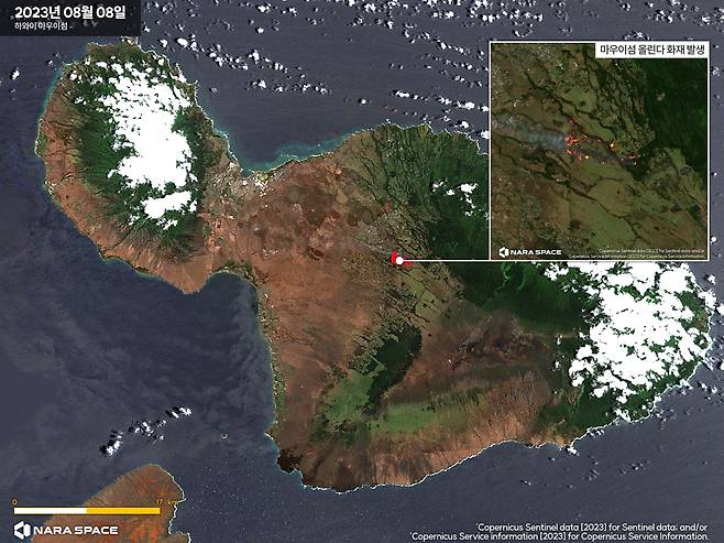 센티널-2 위성 사진을 통해 살펴보면 산불은 8월 8일 오전 11시 9분쯤 마우이섬 중부 올린다 지역에서 처음 관측됐다. 이후 다른 지역에서 산불이 잇따라 발생하면서 산불 피해 규모는 걷잡을 수 없이 커진 것으로 나타났다. /ESA, 나라스페이스