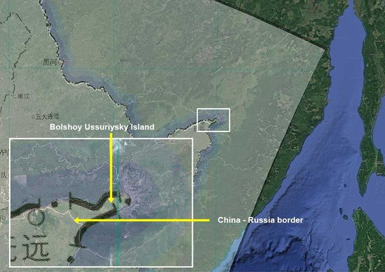 중국과 러시아 국경 지대의 볼쇼이 우수리스키를 자국 영토를 넘어 검은 선으로 표시한 중국의 '2023 표준 지도' 모습. X(옛 트위터) 캡처