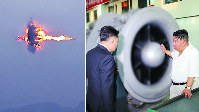 북한이 2일 발사한 장거리전략순항미사일이 공중폭발하고 있다. 조선중앙통신은 “적들에게 실질적인 핵위기에 대해 경고하기 위한 전술핵공격 가상발사훈련이 진행됐다”고 보도했다. 오른쪽 사진은 김정은 국무위원장이 선박용 엔진 등을 생산하는 군수공장을 시찰하는 모습. 연합뉴스