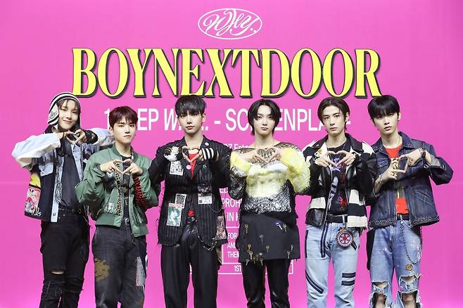 Boynextdoor poses for picture during a press showcase event for its first EP "Why.." held in Seoul on Monday. (KOZ Entertainment)