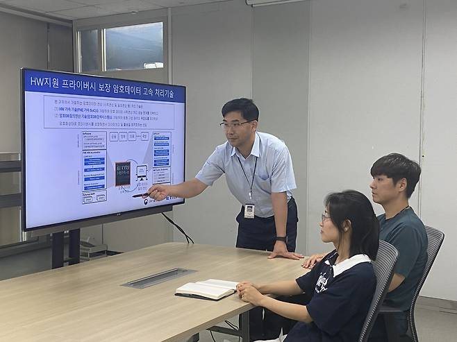 ETRI 연구진이 동형암호 연산 가속 칩 기술에 대해 토론하고 있다./ETRI