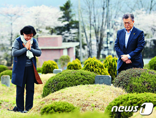 문재인 전 대통령 부부가 대선후보 시절이던 2017년 4월 5일 경남 양산 부친 묘소를 참배하는 모습. ⓒ 뉴스1 DB