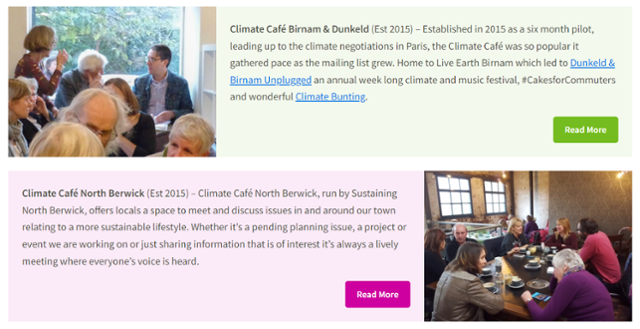영국의 기후 고통 대화 모임인 클라이밋 카페(Climate Cafe) 홈페이지에 게시된 지역별 모임 설명. 클라이밋 카페는 영국 전역에 지부를 두고 기후변화에 대한 정확한 정보를 공유하고 감정을 나누는 프로그램을 운영하고 있다. 클라이밋 카페 홈페이지 캡처