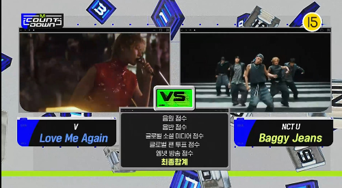 뷔의 ‘Love Me Again’와 NCT U ‘Baggy Jeans’가 1위 후보에 올랐다.사진=엠넷 ‘엠카’ 방송캡처