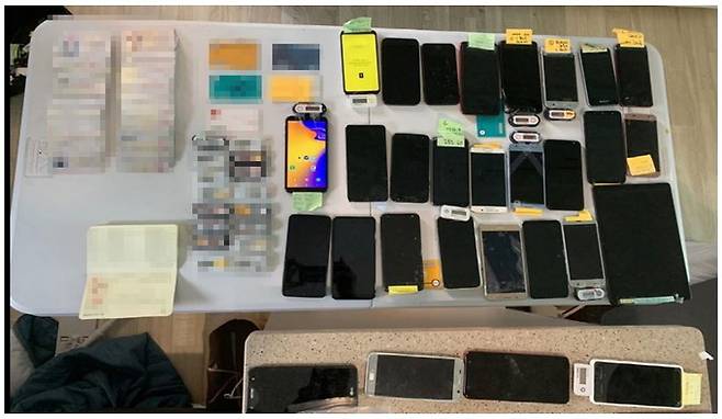 경찰이 압수한 대포폰과 통장, 신분증.