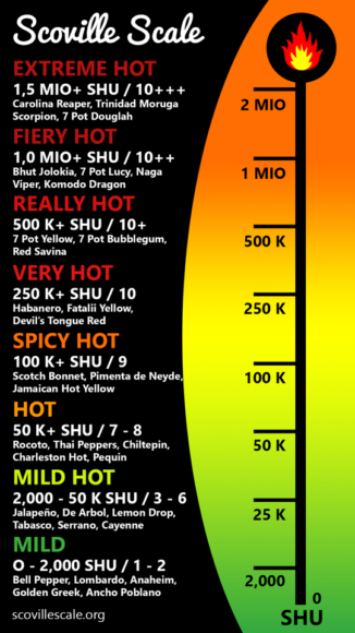 고추 종에 따라 매운 정도를 나타내는 스코빌 지수 (Scoville Scale). 해당 사건에서 발단이 된 과자 속에 든 '캐롤리나 리퍼'는 최고 매운 지수 맨 상단 에 올라와 있다. '나가 바이퍼'는 그 아래 단계다. [이미지 출처=Scovillescale.org]