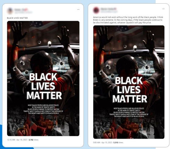 중국 정보원이 생성 AI로 만들었을 거라 의심되는 'Black Lives Matter(흑인의 생명도 소중하다)' 게시물. 사진 마이크로소프트(MS) 위협 분석센터 보고서 캡처