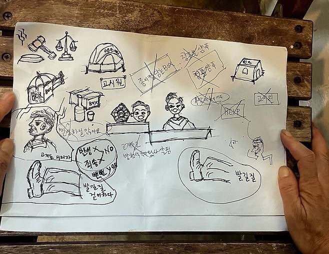 지난 7월7일 서울중앙지법에서 ‘서울역 여성 홈리스 사망 사건’ 가해자(유사강간치사)에 대한 결심공판이 열렸다. 피해자의 동료 홈리스 강자혜(가명)씨가 법정에서 방청한 재판 장면과 가해자의 범행 사실, 자신의 목격 내용 등을 담아 그림으로 그렸다. 강자혜 제공