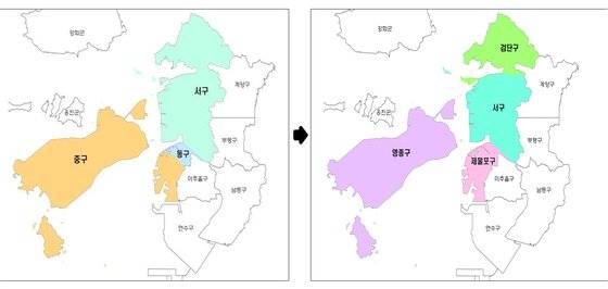 인천시 행정체제 개편안. 서구에서 검단구를 분리하고, 중구와 동구를 제물포구와 영종구로 개편한다. [사진 행정안전부]