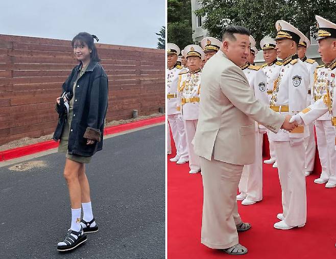 배우 한효주가 지난달 31일 미국 방문 중 SNS에 올린 사진과 김정은 북한 국무위원장이 지난달 28일 북한 해군절 행사에서 해군과 악수하는 모습. [한효주 인스타그램, AFP]