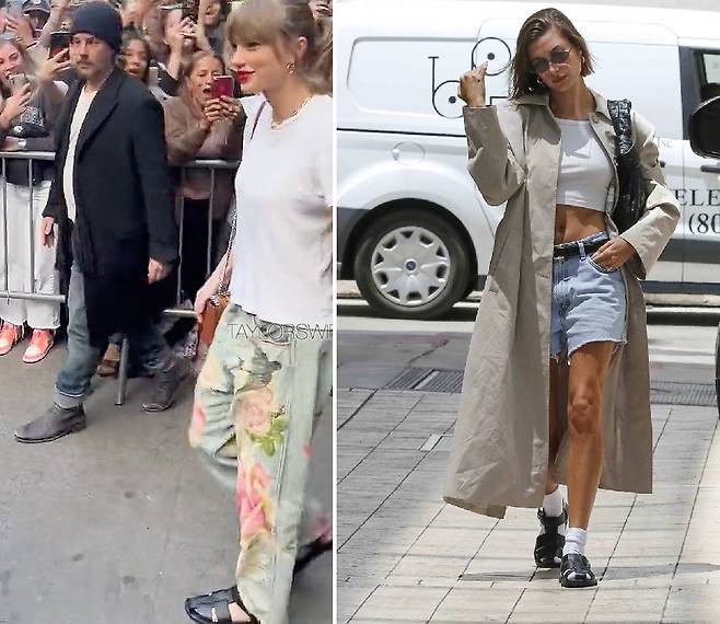 테일러 스위프트(왼쪽)와 헤일리 비버가 피셔맨 샌들을 착용한 모습. [테일러스타일닷컴, SNS 갈무리]