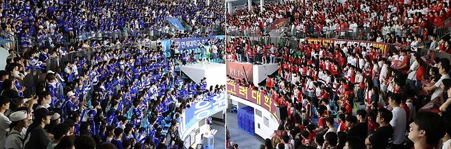 정기 고연전(짝수 해는 연고전)이 열린 8일 오후 서울 양천구 목동아이스링크에서 연세대학교와 고려대학교 학생들이 아이스하키 경기 응원을 하고 있다. [연합]