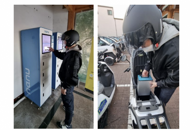 왼쪽부터 경주 황리단길 전기이륜차 배터리 공유 스테이션을 이용 중인 사용자. 배터리를 교환하는 사용자. 한국생산기술연구원 제공