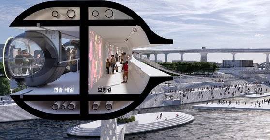 김찬중 건축가가 디자인한 '노들링'. 노들링 안엔 보행로 외 캡슐 모양의 관람차가 달릴 수 있는 레일이 설치된다. [사진 서울시]