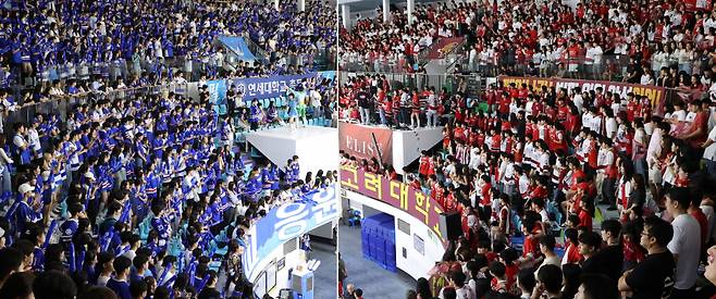 정기 고연전(짝수 해는 연고전)이 열린 8일 오후 서울 양천구 목동아이스링크에서 연세대학교와 고려대학교 학생들이 아이스하키 경기 응원을 하고 있다. ⓒ연합뉴스