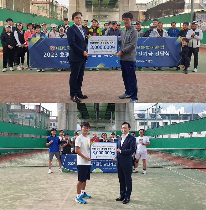 안병호(첫번째 좌측) 대한민국재향군인회 문화콘텐츠사업단장이 3월과 9월 2차례에 걸쳐 강지명(첫번째 우측) 호평내테니스클럽 회장에게 발전기금을 전달하고 있다. 사진 제공 = 대한민국재향군인회 문화콘텐츠사업단