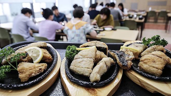 정부대전청사 식당에서 직원들이 생선구이로 구성된 수산물 메뉴의 중식을 먹고 있다. 뉴스1