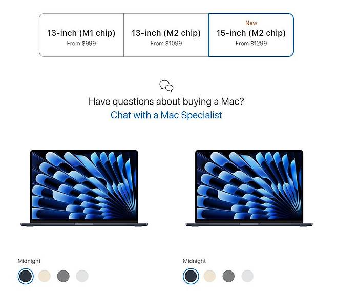 M2칩이 탑재된 맥북 에어 15인치는 미국 출시가가 1299달러다. 한국 가격은 189만원으로 미국 가격보다 비싸게 책정됐다. 애플 홈페이지 캡처