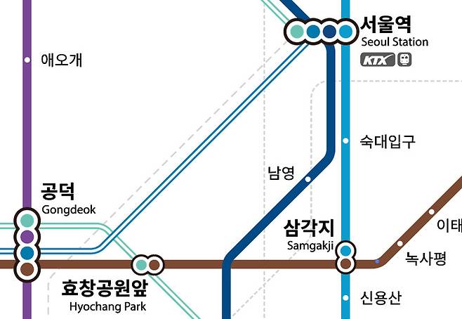 서울 지하철 노선도 디자인 개선에 따라 환승역은 신호등 방식으로 지나는 모든 노선이 색깔로 표기된다. 서울시 제공