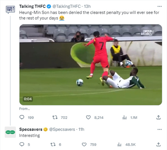 Leading British opticians Specsavers responded to a post on X, formerly Twitter, criticizing referee Andy Madley after he failed to award Son Heung-min a penalty for what appeared to be an obvious foul in the box.  [SCREEN CAPTURE]