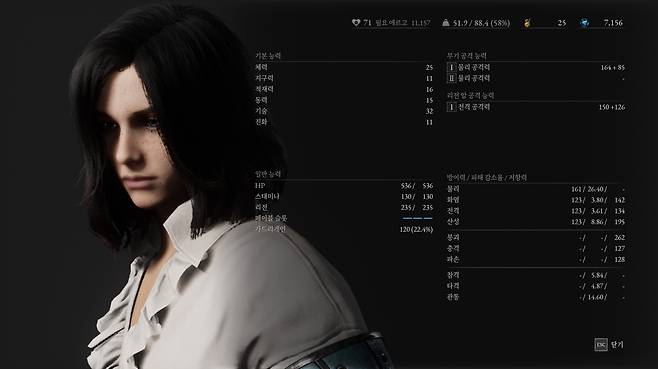 'P의 거짓' 캐릭터 정보 화면. 무게 수치는 우측 상단에서 두 번째에 나타난다.