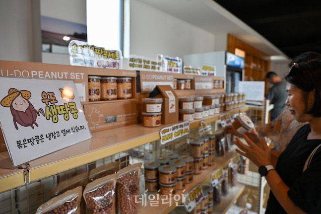 우도를 찾으면 반드시 우도땅콩 판매점을 들러야 한다. 처음에는 가격이 비싸다고 생각할 수 있다. 그러나 이미 우도땅콩을 맛본 사람이라면 주저 없이 우도땅콩에 손을 내민다. 한 관광객이 매장에서 우도땅콩 제품을 둘러보고 있다. ⓒ데일리안 배군득 기자