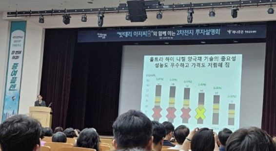 박순혁 작가가 14일 서울 여의도 하나증권 본사에서 열린 ‘밧데리 아저씨와 함께하는 2차전지 투자설명회’에 연사로 나서 발표하고 있다. ⓒ데일리안 황인욱 기자