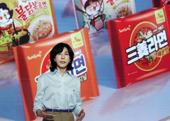 Samyang Roundsquare CEO Kim Jung-soo speaks during a press conference held to commemorate the 60th anniversary of Samyang Ramen on Tuesday in Jongno District, central Seoul, on Thursday. [SAMYANG ROUNDSQUARE]