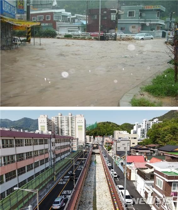 [창원=뉴시스] 창원 양덕지구 집중호우 피해 당시(위)와 재해예방사업 완공 후.(사진=경남도 제공) 2023.09.15. photo@newsis.com