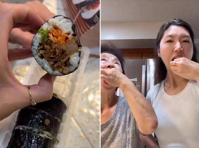 지난달 16일 미국에 거주하는 한국인 음식 블로거 세라 안이 미국 식료품점 트레이더 조에서 판매하는 한국 냉동 김밥을 어머니 남순씨와 함께 먹고 있다. [틱톡 캡처]
