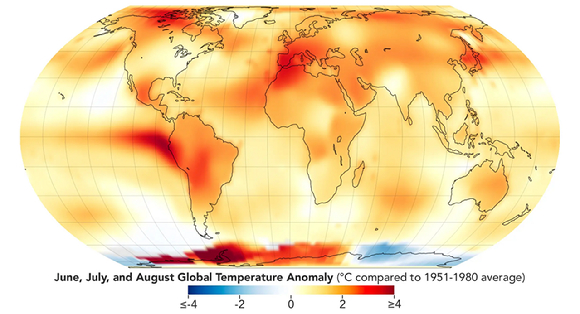 2023년 여름(6~8월) 지구촌 기온 분포, 1951년부터 1980년까지의 평균과 비교해 지구촌이 얼마나 더 뜨거운 지를 보여준다. 붉을수록 평균온도보다 더 높다는 것을 뜻한다. [사진=NASA]