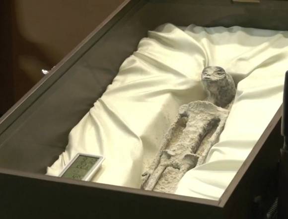 12일(현지시간) 멕시코 의회가 연 청문회에서는 '인간이 아닌 존재'의 시신이라고 주장하는 물체가 등장했다. [사진= JTBC]