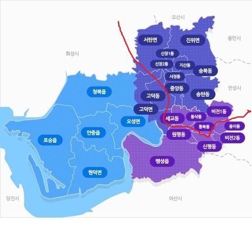 평택시 행정구역도(출처 평택시)를 토대로 표시한 21대 국회의원 선거구(동삭동과 고덕동은 2021년 10월과 11월 추가). 경기일보